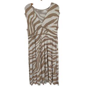 Loft Zebra Print V Neck Pleated  Dress Soft Jersey knit beige striped size 14